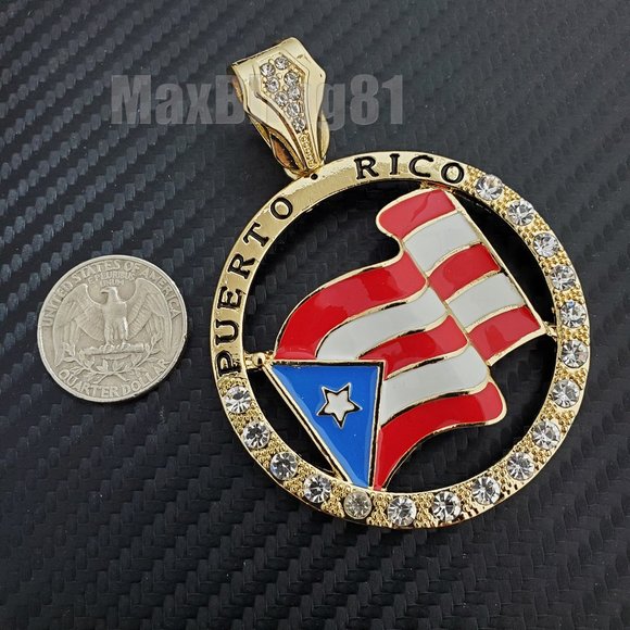 Gold PT Large Puerto Rico Flag Medal Bling Charm - Picture 2 of 2